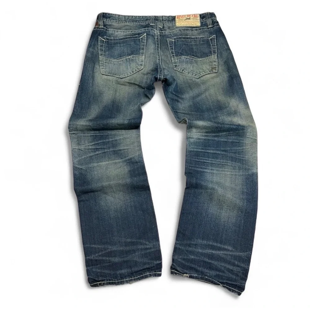 Rivet De Cru Andrew Mens wide leg Blue Jeans Thick Stitch 36x34 Faded